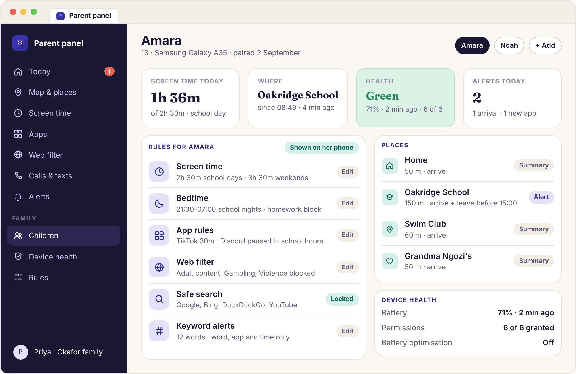 Amara's child page in the panel with a rules summary, today's activity, visited places and the device health line.