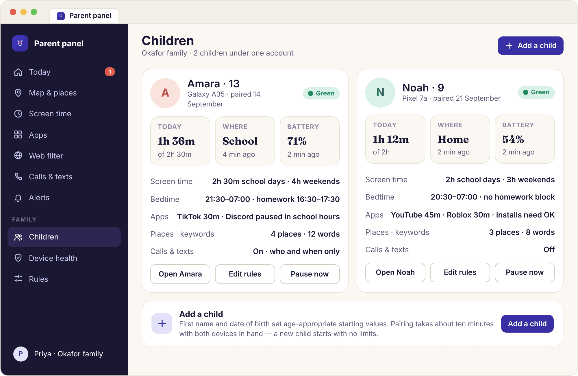 The panel’s Children page with a card for Amara and a card for Noah, each showing age, phone and health colour, and an Add a child button.