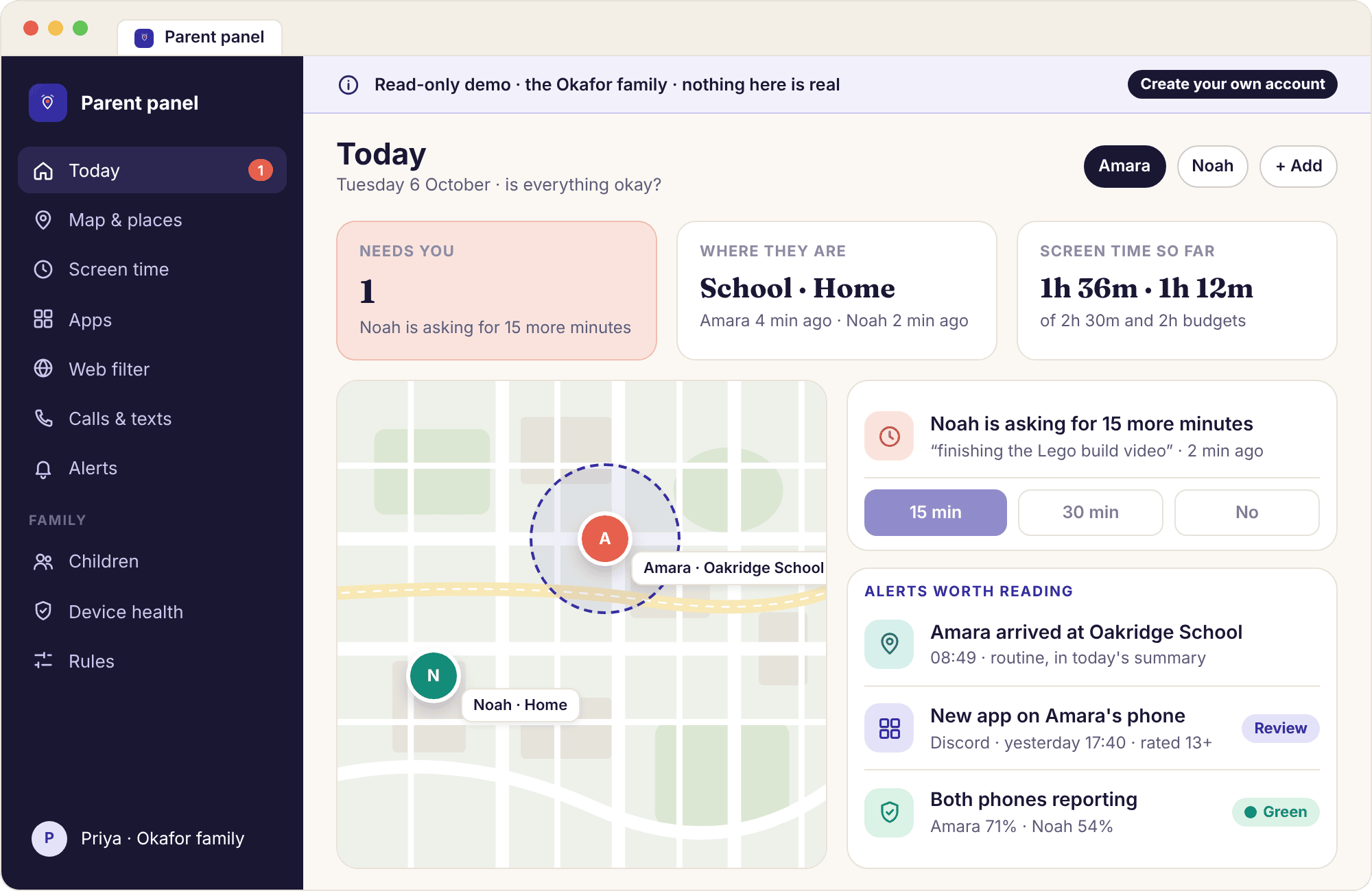 The parent panel in a browser with a banner reading Read-only demo, the Okafor family, showing the Today view for Amara and Noah.