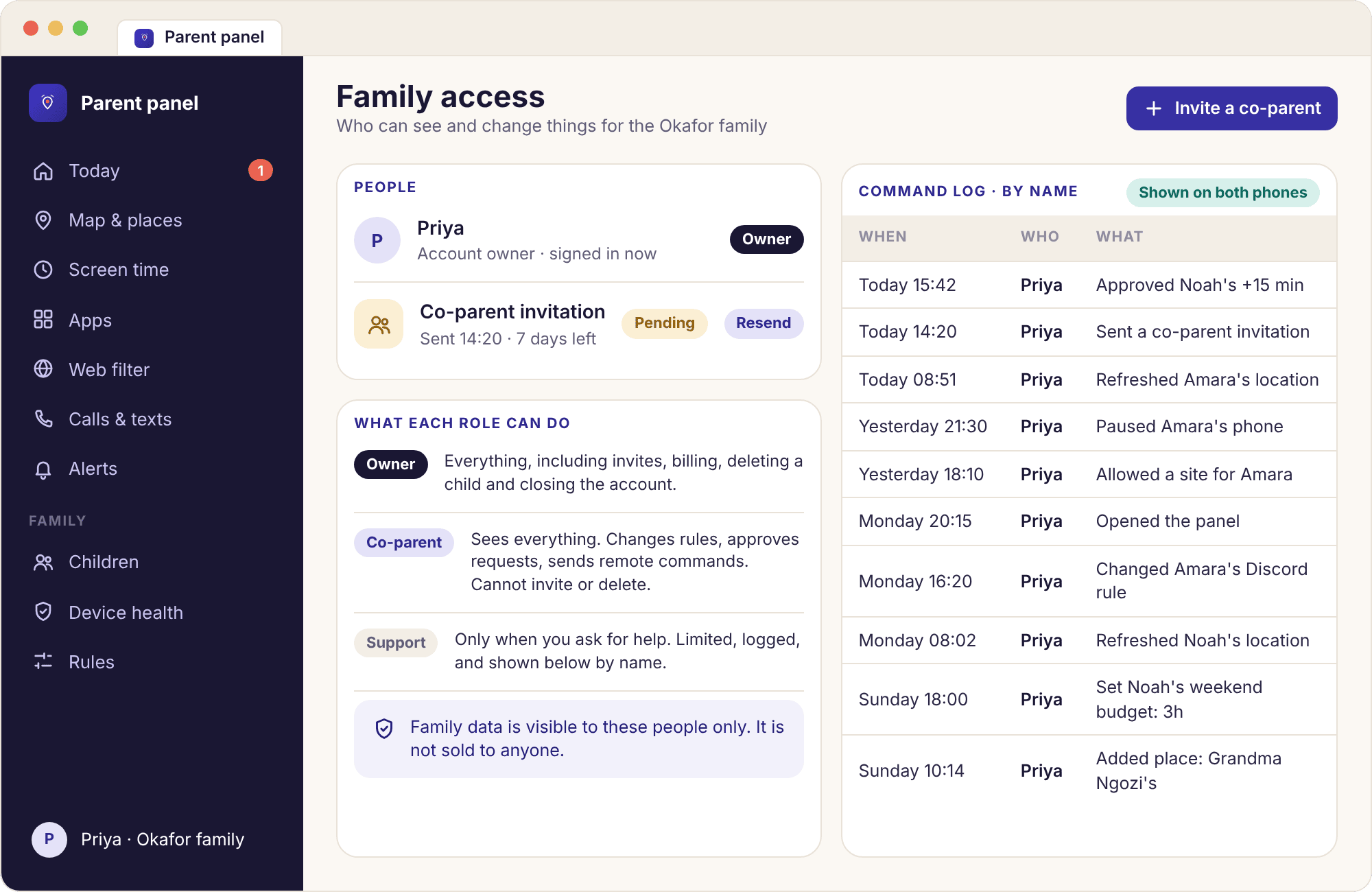 The family access page with an invite a co-parent form, the two parents listed with roles, and a command log of changes by name.