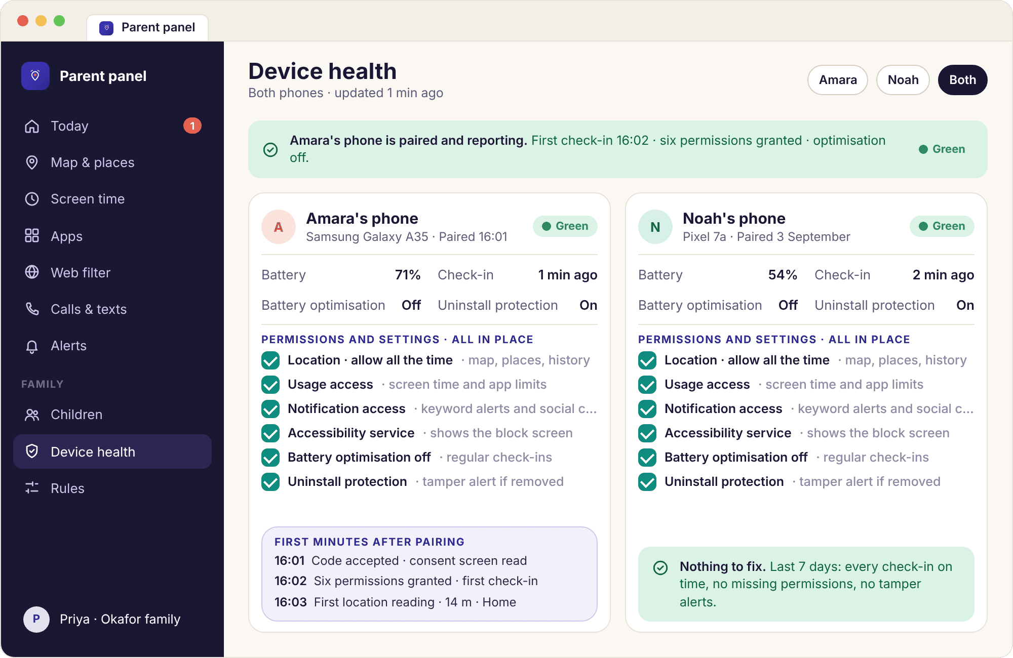 The panel’s Devices page showing a freshly paired phone with a green health line and every permission present