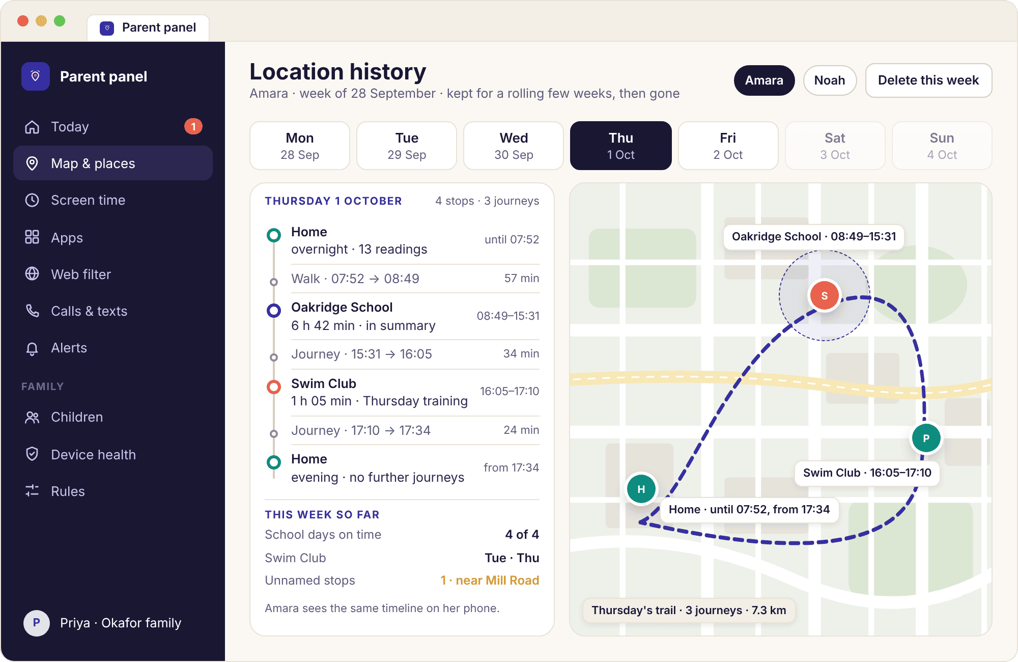 The parent panel in a browser showing a week of history with a day picker, the timeline on the left and the map trail for the chosen day on the right.