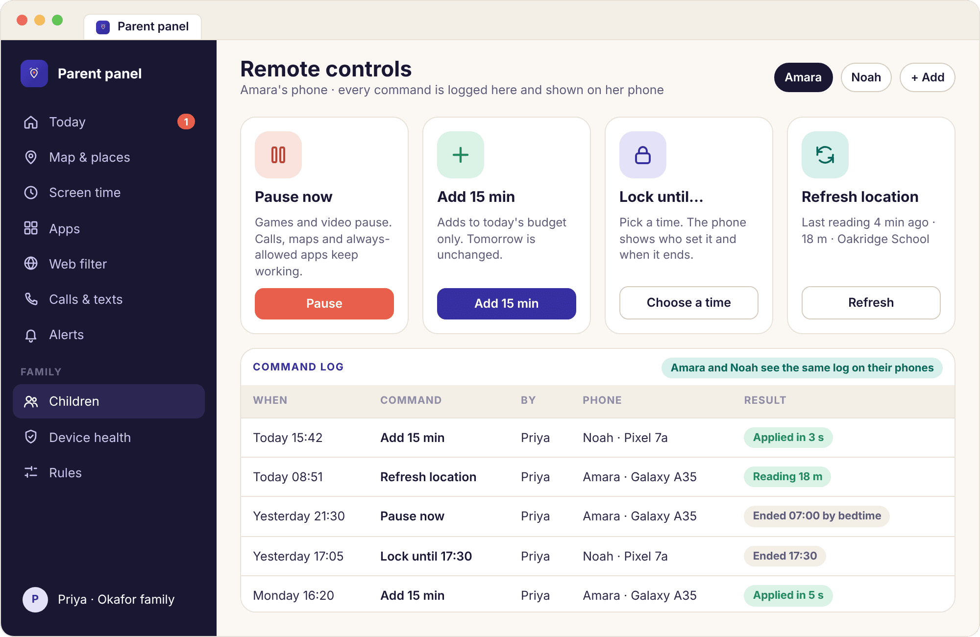The remote controls page with buttons for Pause now, Add 15 min, Lock until and Refresh location, and a command log listing who sent what and when.