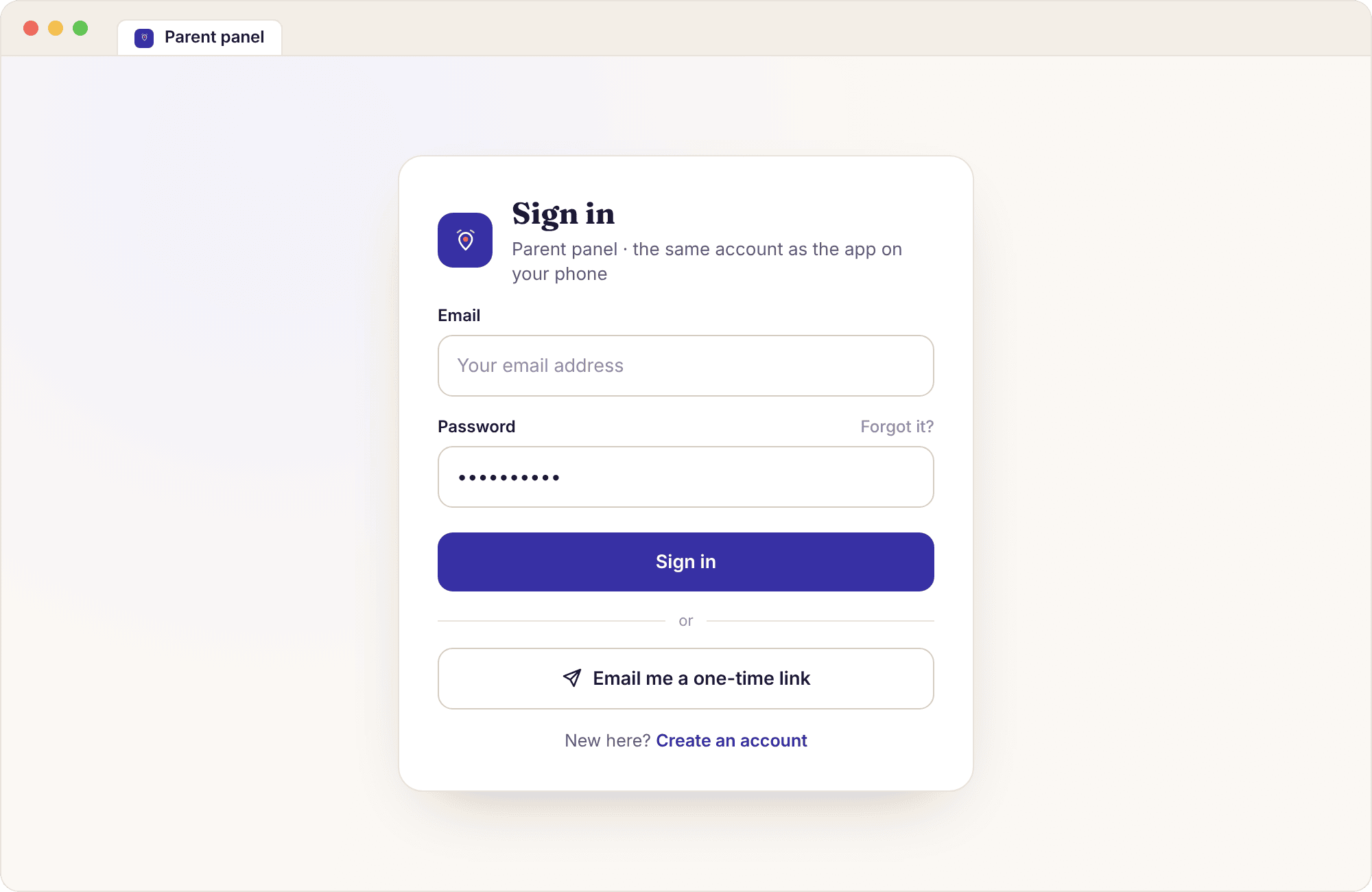 The panel sign-in form with fields for email and password, a one-time link option and a link to create an account.