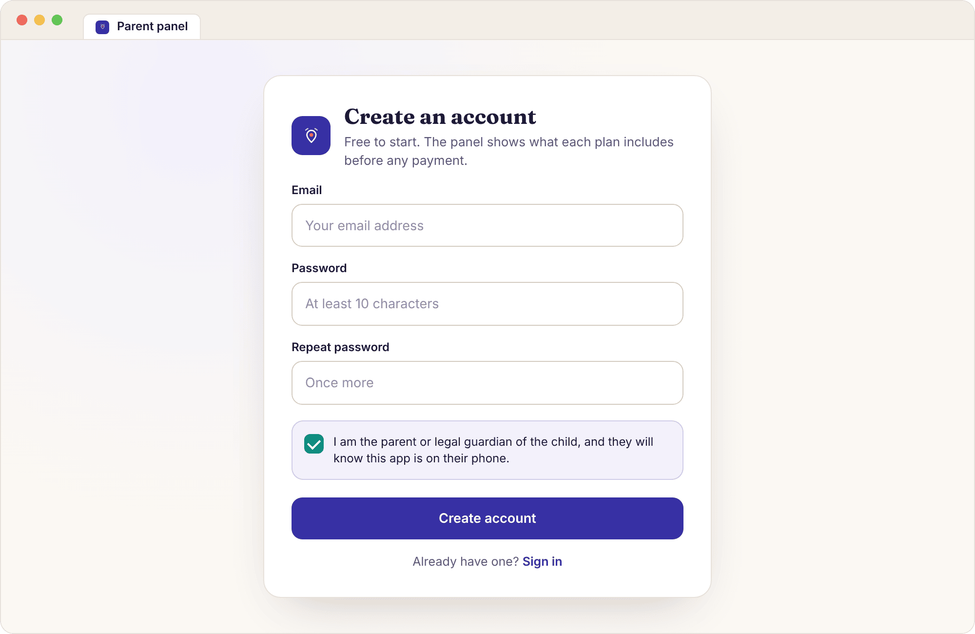 The create-account form with email, password, repeat password and the single checkbox about responsibility for the child