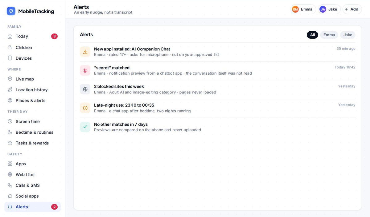 Where software genuinely helps: flagging a newly installed AI app or a keyword you're watching for. An early nudge, not a substitute for the conversation.