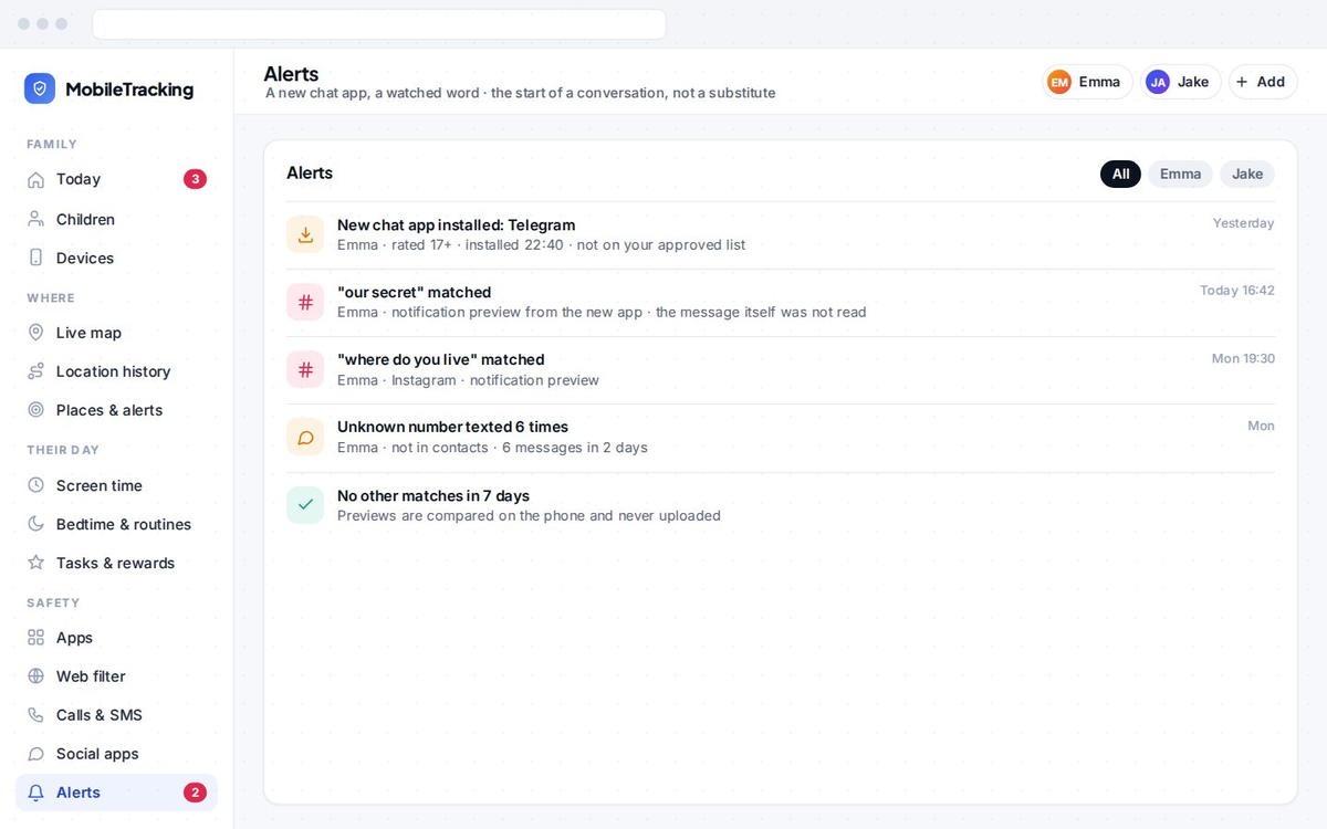 Where software genuinely helps: an alert when a new chat app appears or a keyword you're watching for turns up, an early nudge to start a conversation, not a substitute for it.