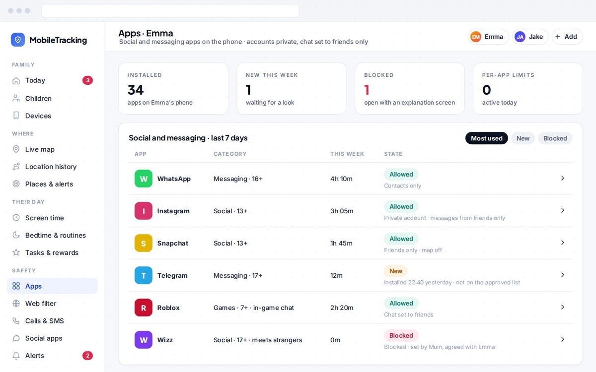 Knowing which social and messaging apps are on the phone, and keeping accounts private with chat set to friends only, closes off the easy first contact a groomer relies on.