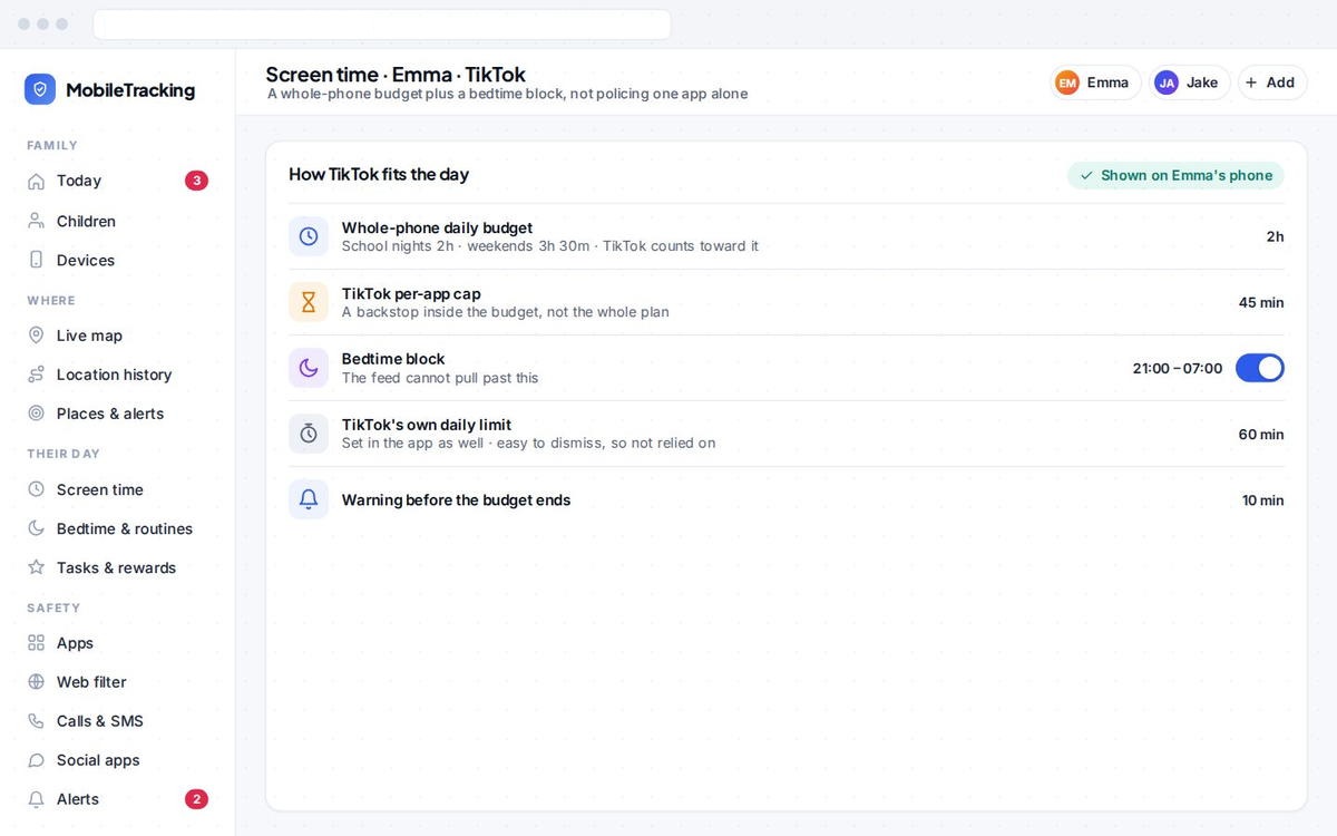 TikTok's built-in daily limit is a good backstop, but a whole-phone budget plus a bedtime block handles the engineered pull of the feed better than policing one app alone.