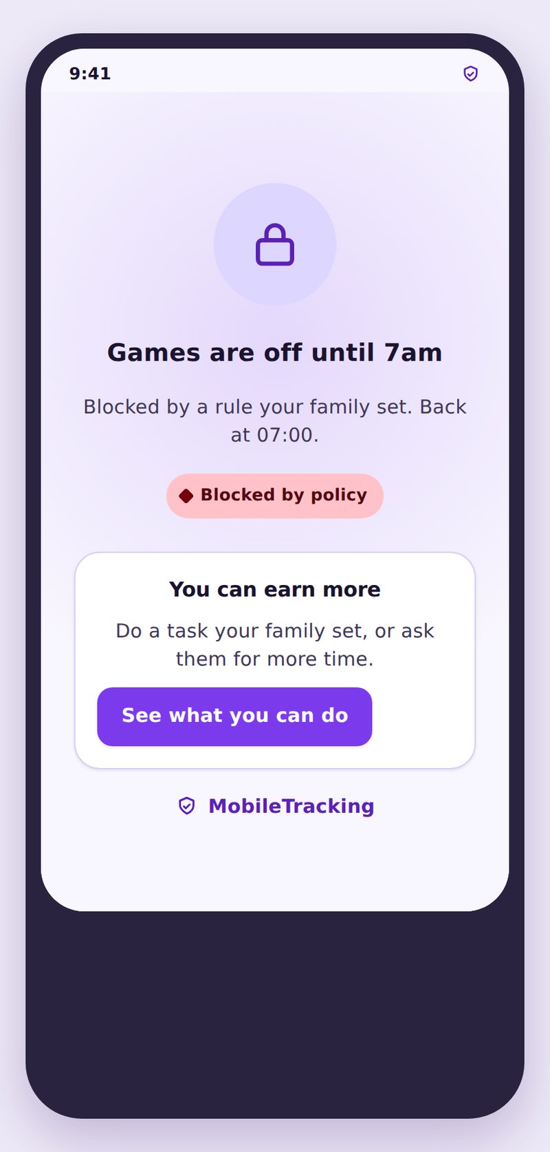 Child phone showing an app blocked by an app activity rule and the reason why
