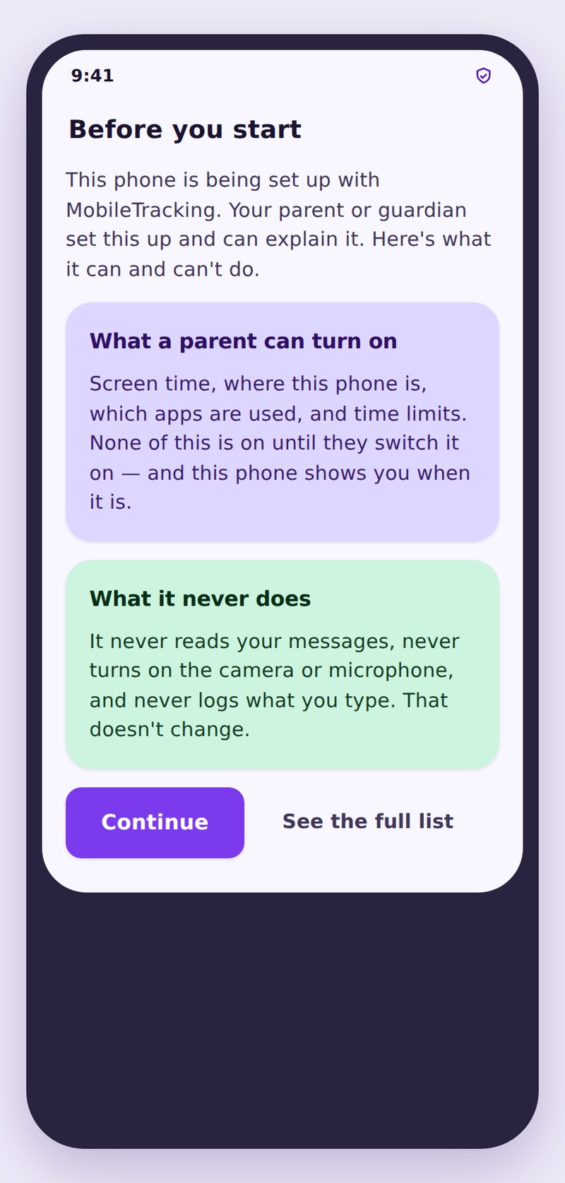 Consent screen on the child phone confirming what calls and SMS reporting collects