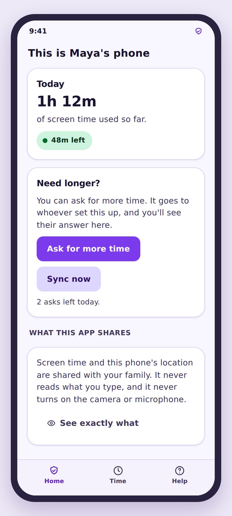 Child phone home screen showing remaining screen time and the button to ask for more