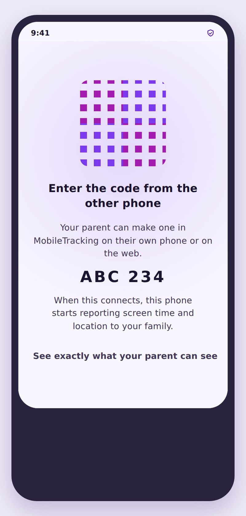 The child app asking for the pairing code from the other phone, with a code being entered