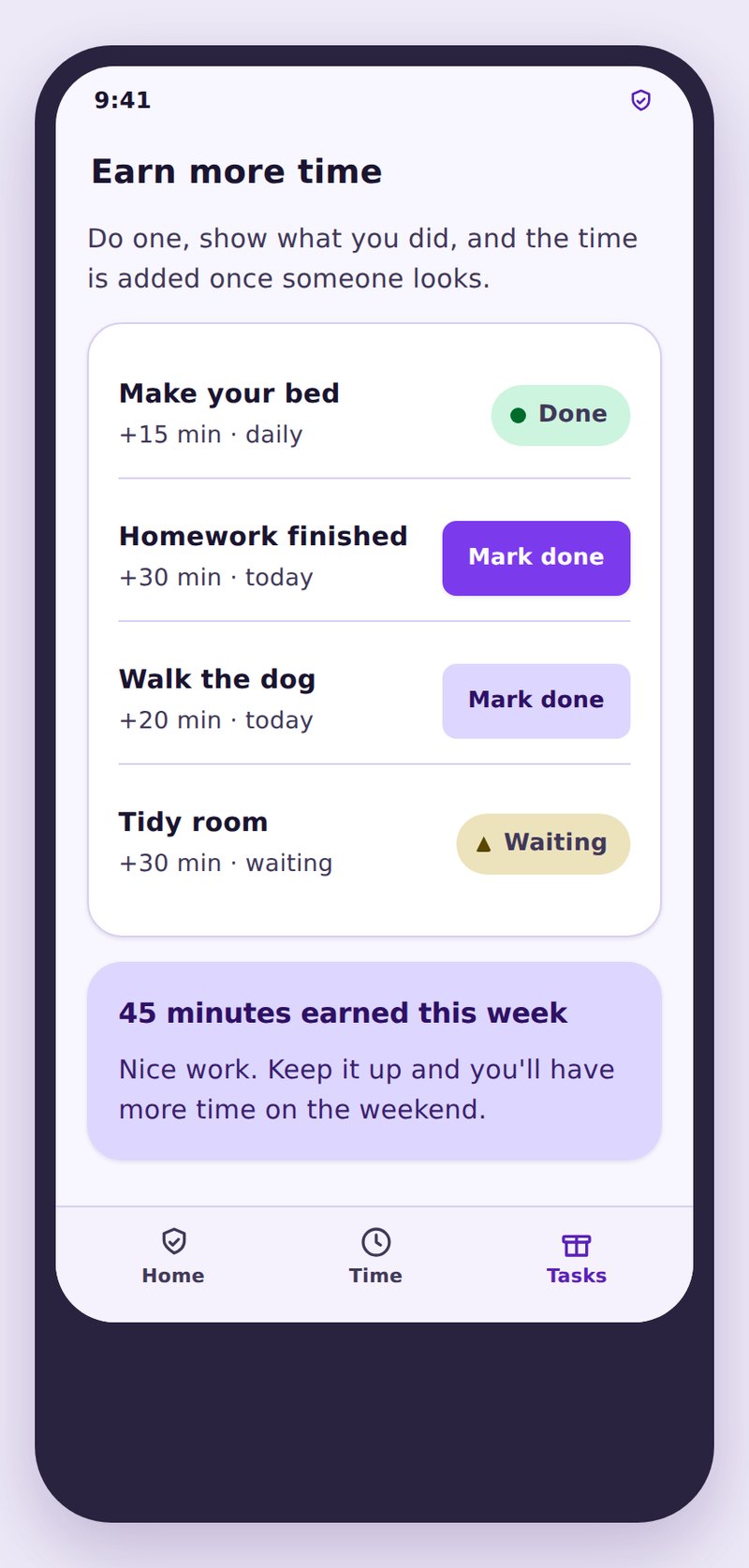 Child phone task list showing chores and the earned screen time each one pays