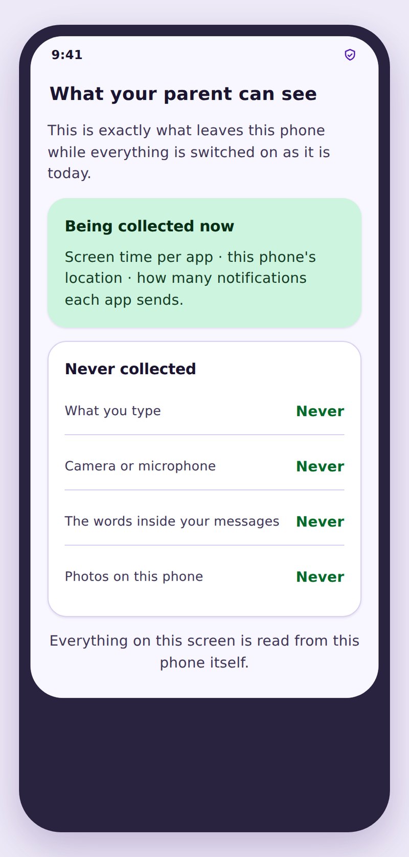 Child phone transparency screen listing app activity rules and what is shared