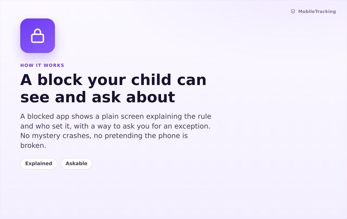 How a blocked app shows a plain screen naming the rule that applied