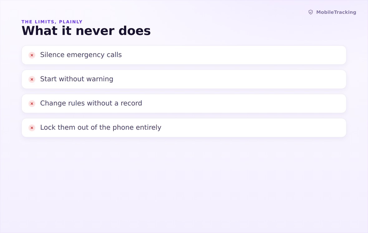Illustration of what a routine never does, including blocking emergency calls