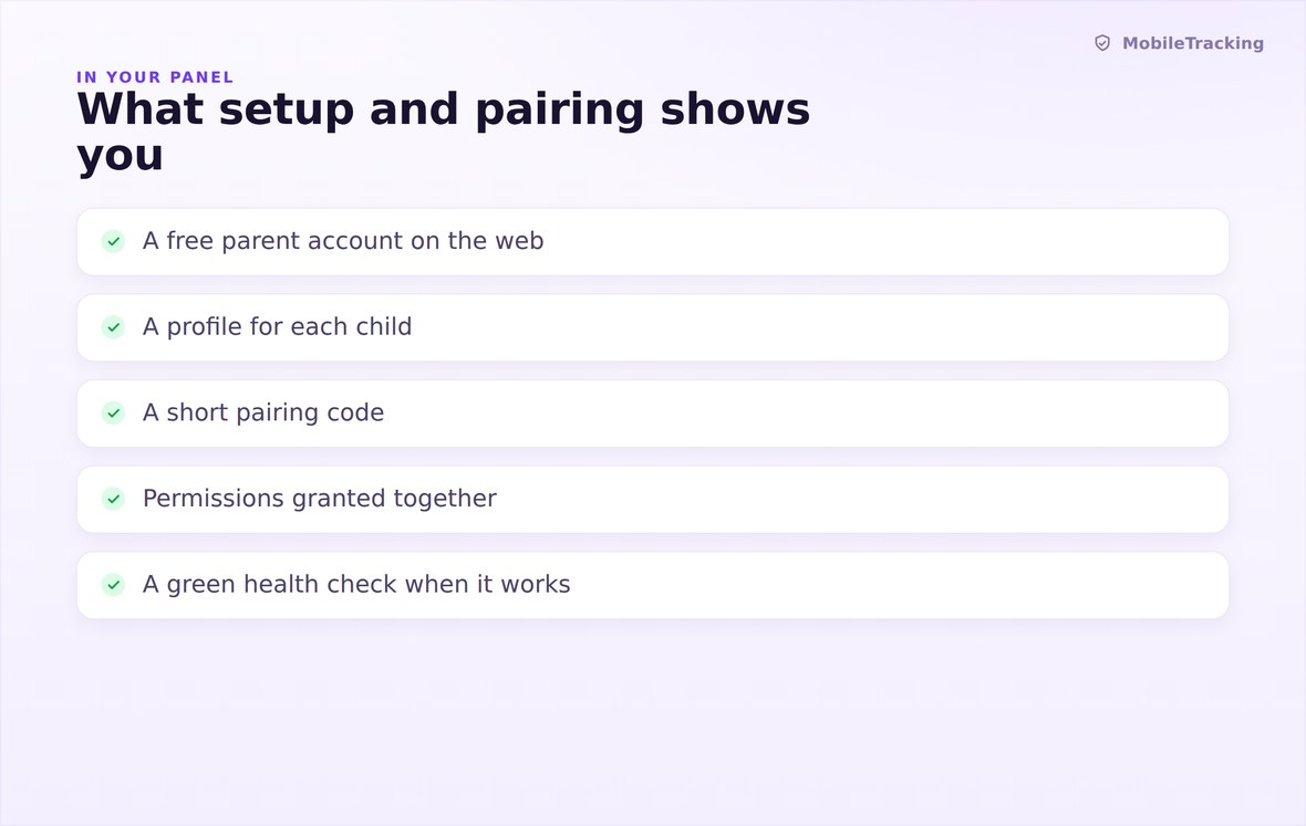 Setup summary screen showing paired devices, permission status and last report time