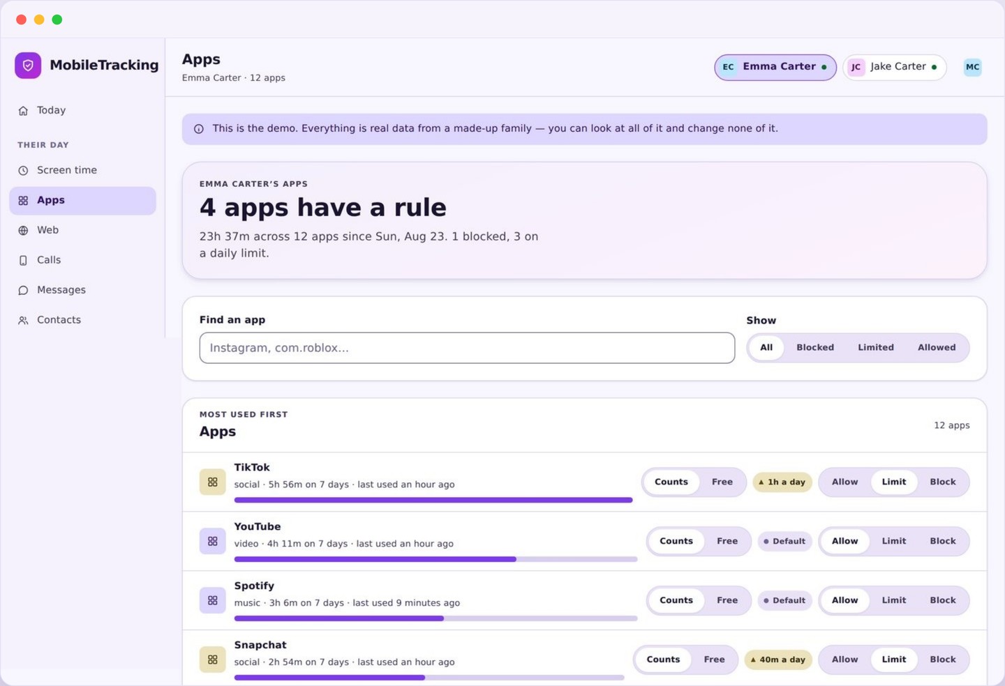 App activity screen listing every installed app ranked by time used with new installs flagged