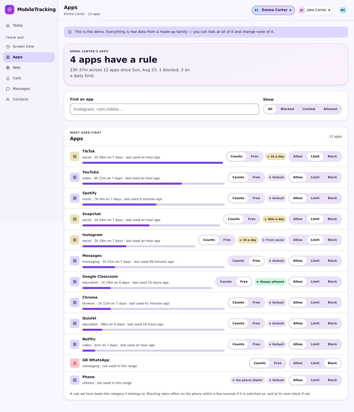 App activity list for the last seven days with apps ranked by time used