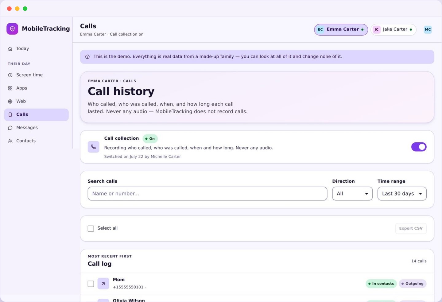 Calls and SMS panel listing recent numbers with direction, duration, timestamps and flagged unknown contacts