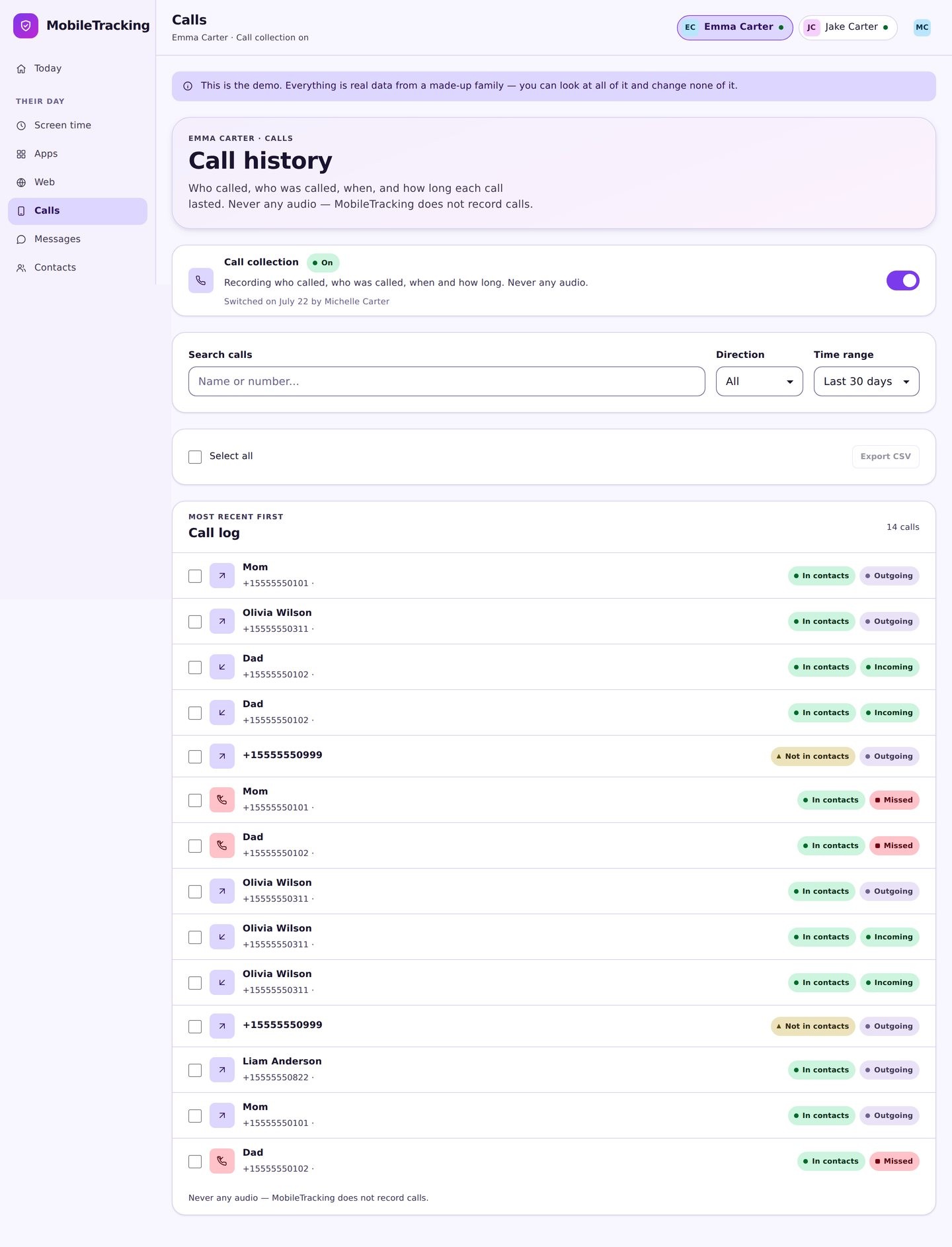Call and message log filtered to unknown numbers from the last seven days