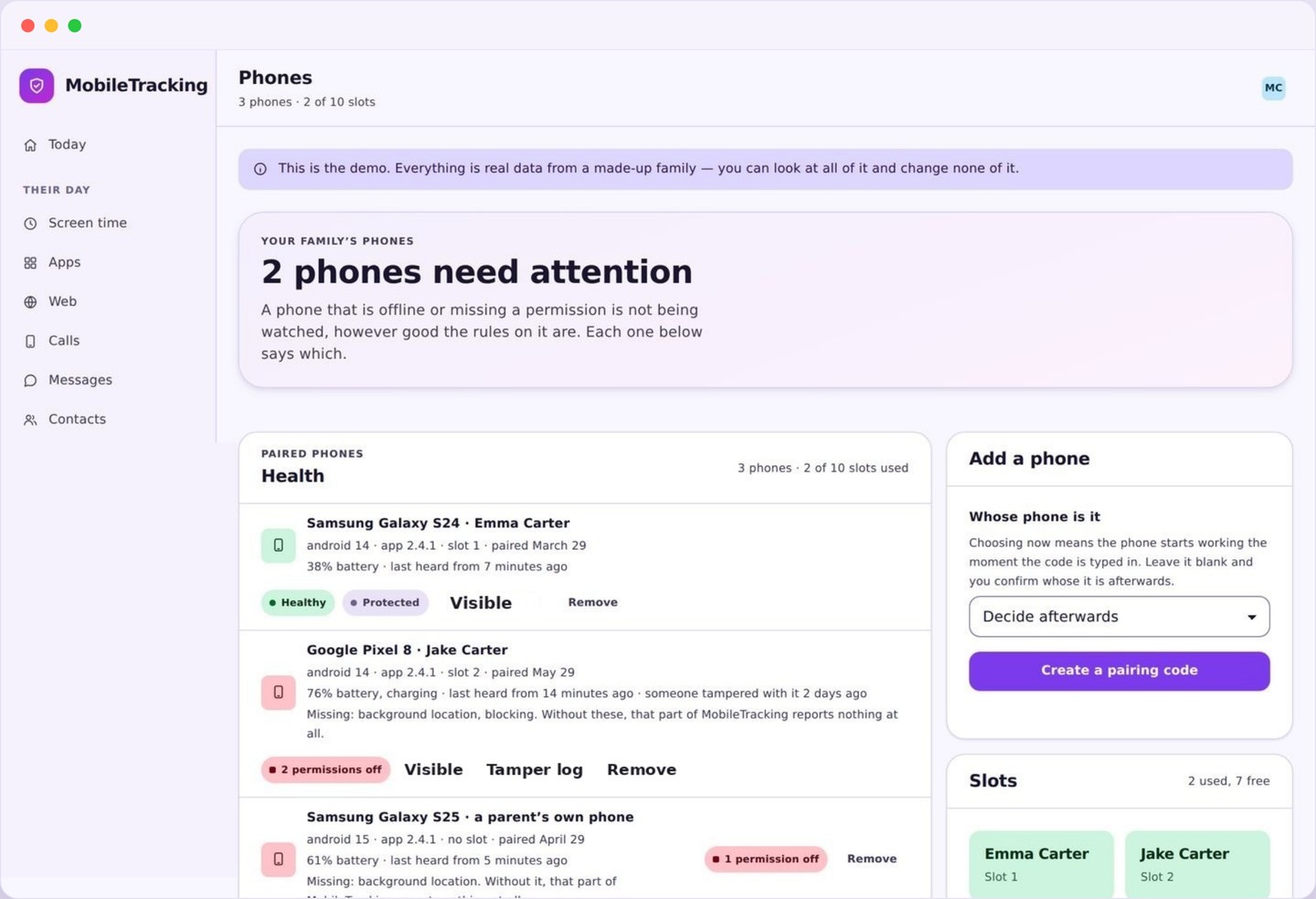 The phones screen showing battery, last check-in and permission health