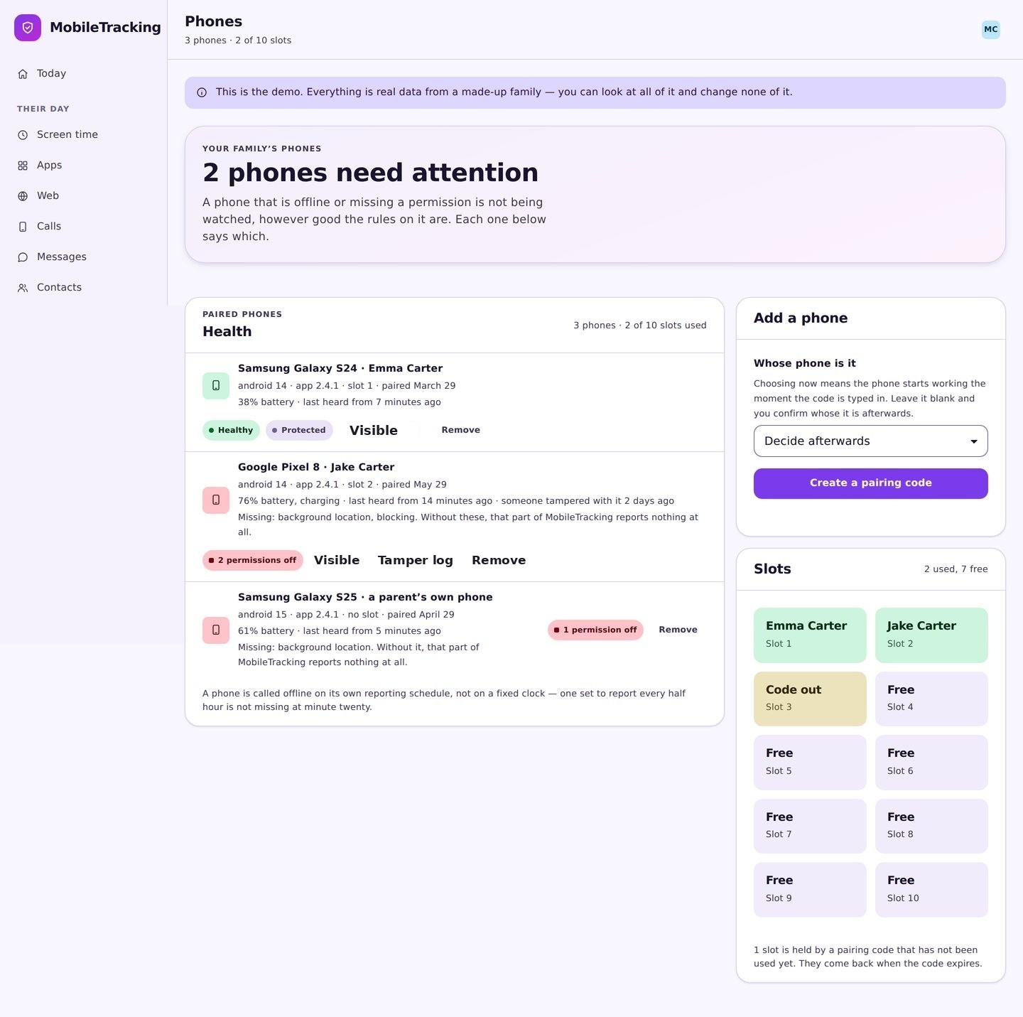 Device health panel showing battery, last check in and permission status for each paired phone