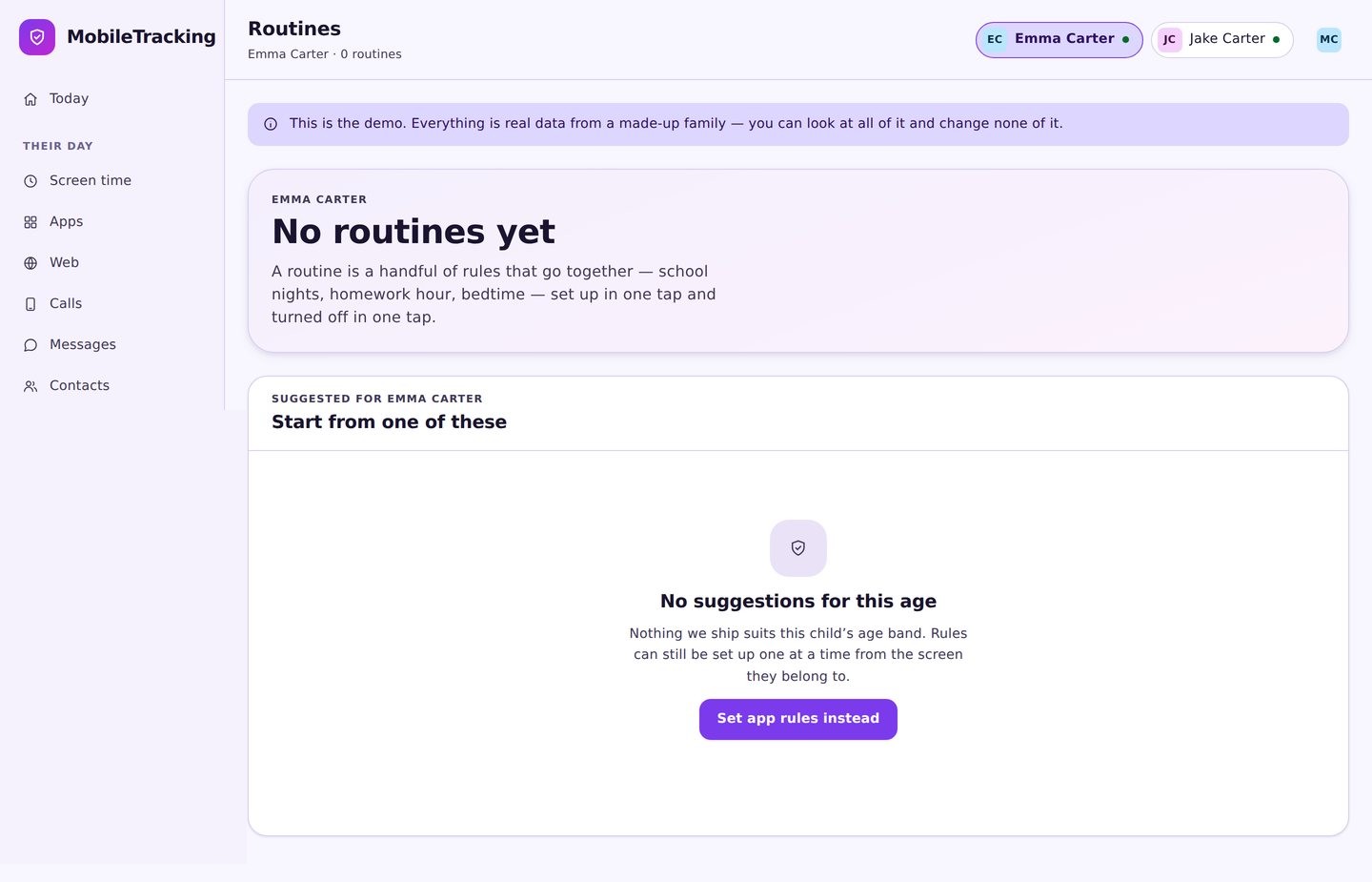 Bedtime schedule and per-app caps configured alongside the screen time budget