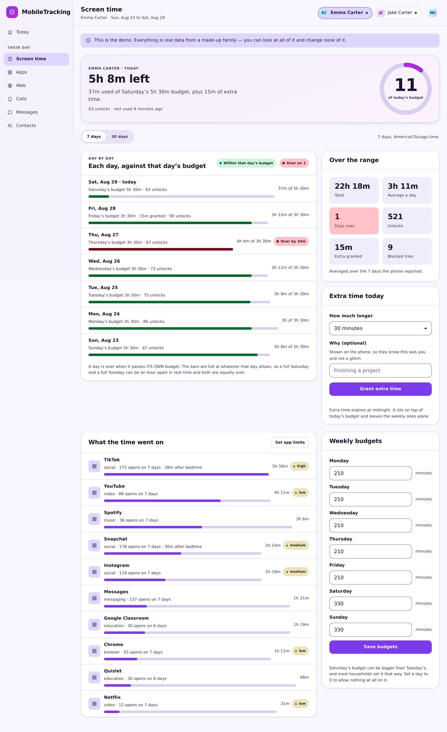 Setting a daily screen time budget with separate school night and weekend totals