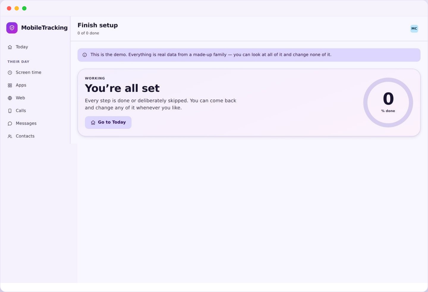 The MobileTracking setup screen in the parent panel, showing the steps still to finish