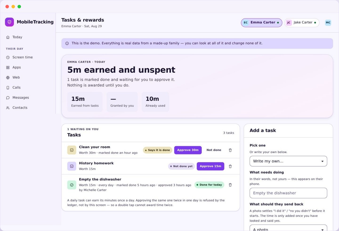 Tasks and rewards screen where a completed chore earns extra screen time