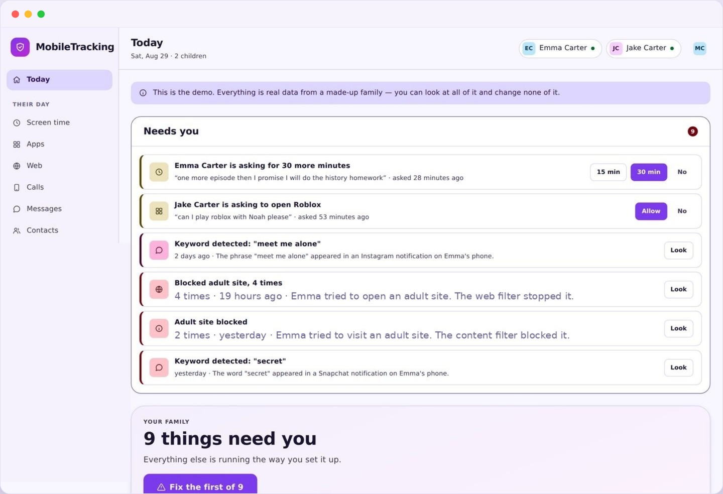 The MobileTracking dashboard showing a calm summary of one child's day