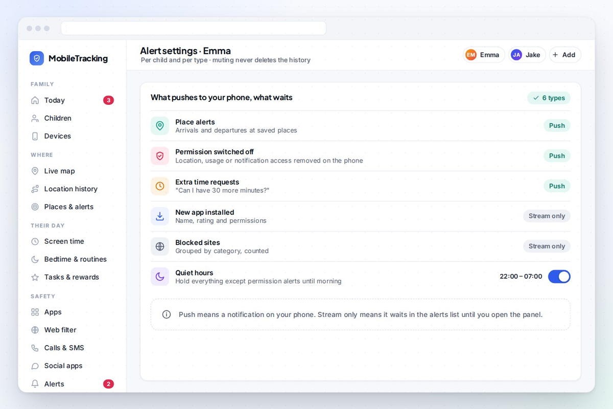 Safety alerts settings with each type set to push or stream only, per child