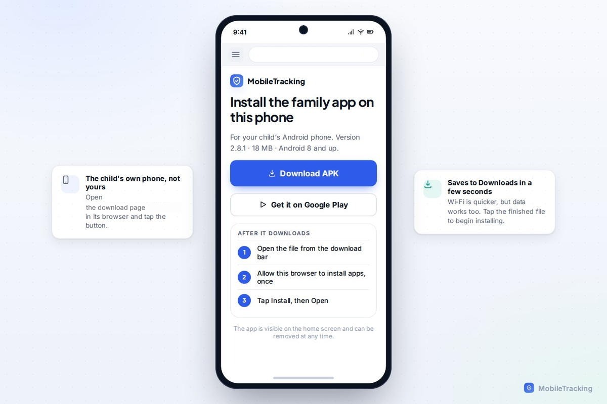 Download page open on a child phone ready to sideload the APK for MobileTracking