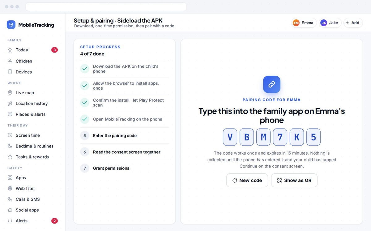 Setup screen guiding a parent through how to sideload the APK onto a child phone