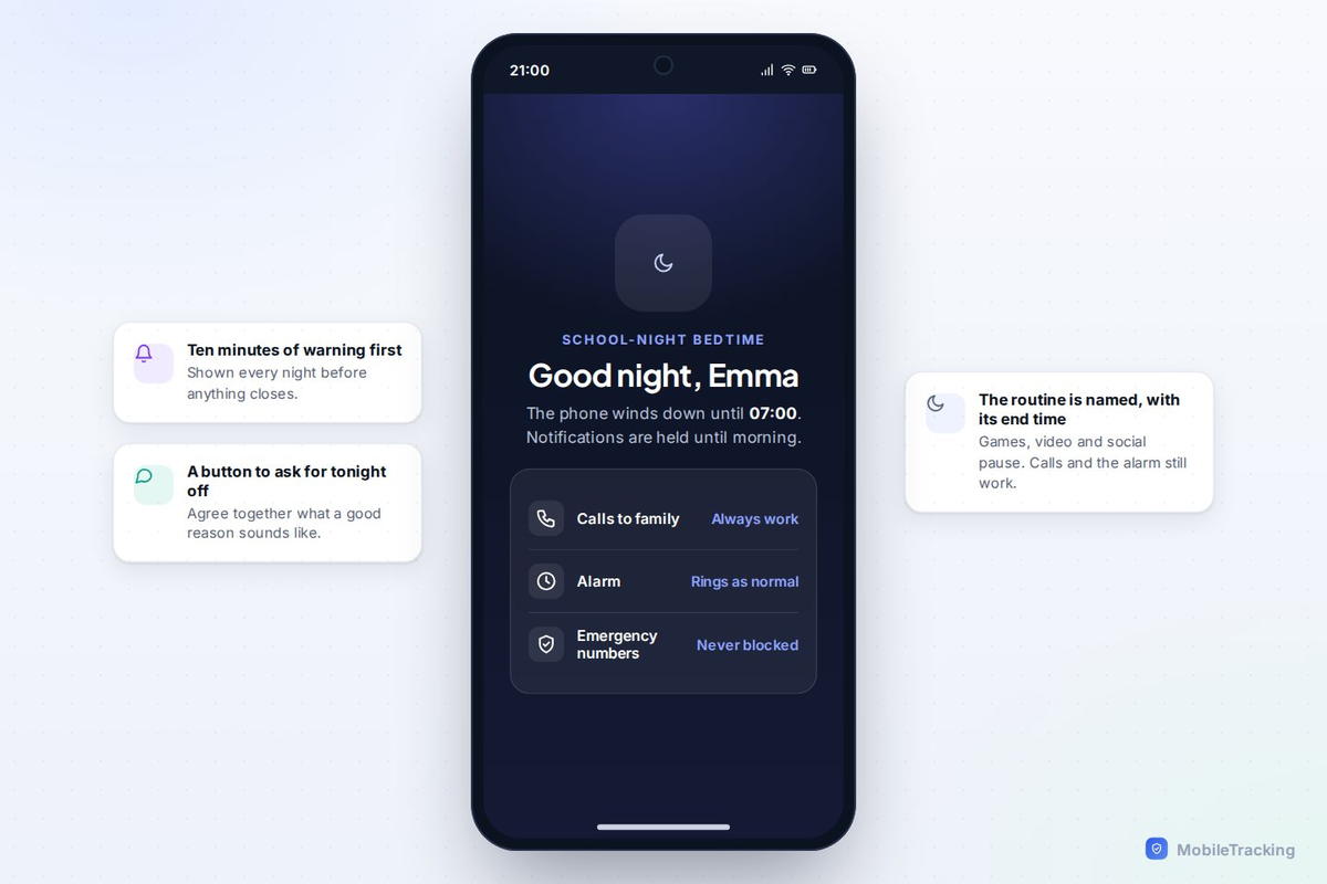 Child phone showing a bedtime routine block screen naming the routine and its end time