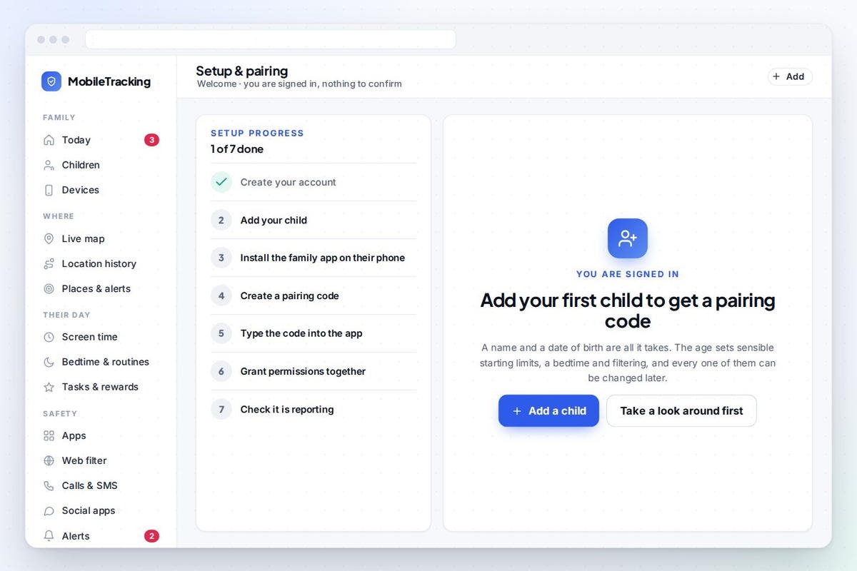The MobileTracking panel after signing up, listing the setup steps still to complete