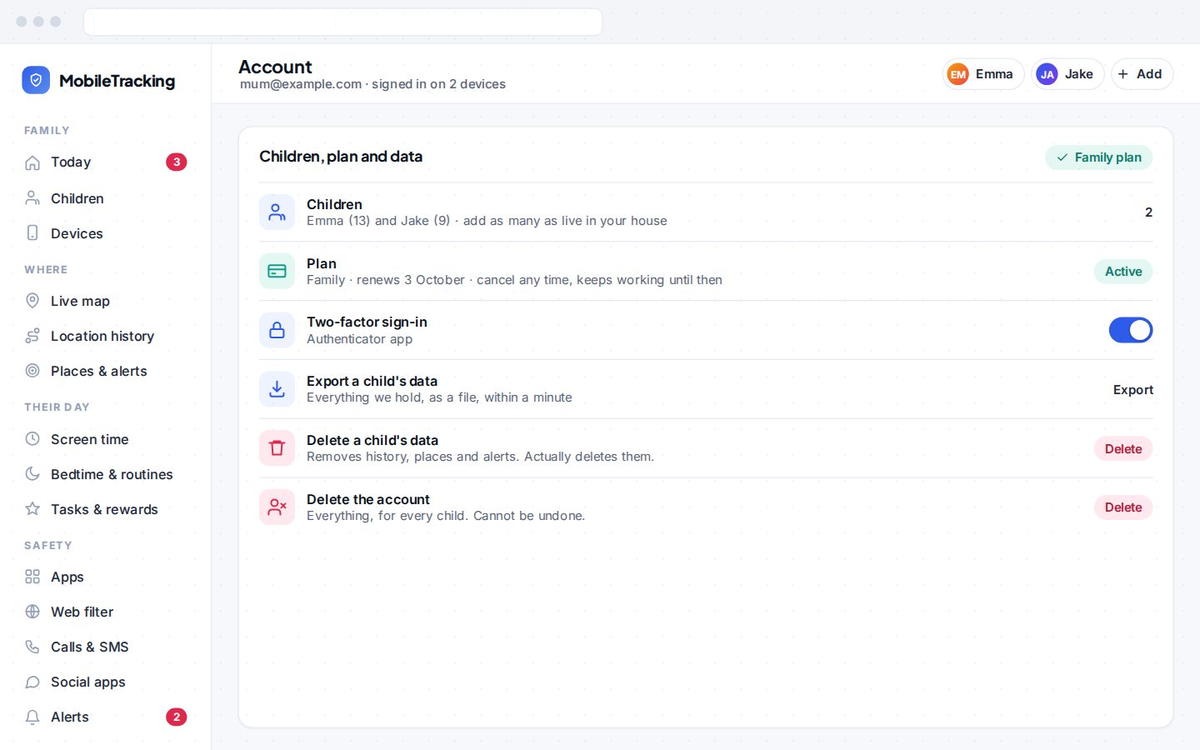 Account settings screen showing children, plan and data deletion options