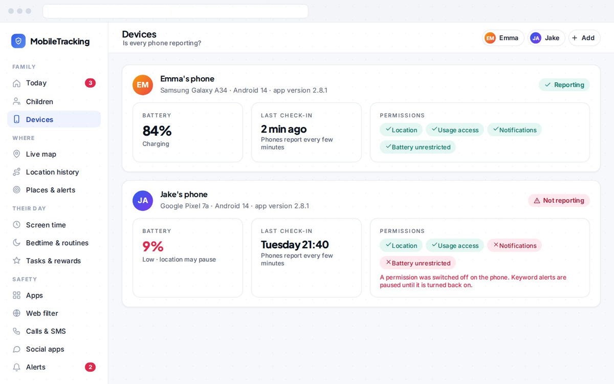 Device health panel showing battery, last check in and permission status for each paired phone