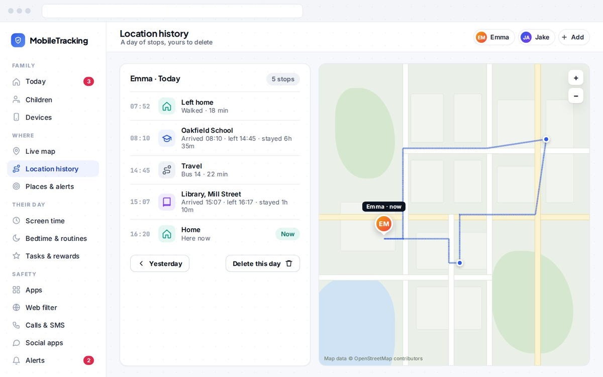 Location history timeline beside a map, showing named stops with arrival and leaving times