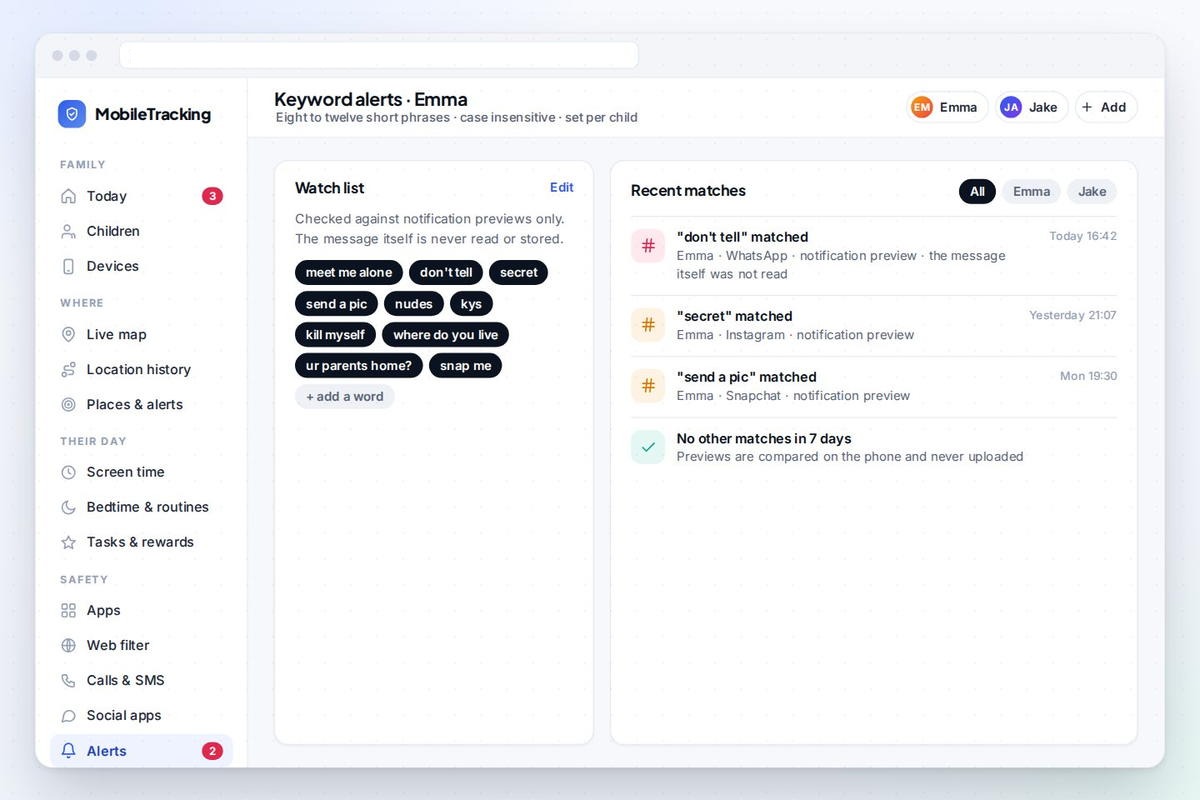 Keyword alerts watch list being edited with short phrases across four safety categories