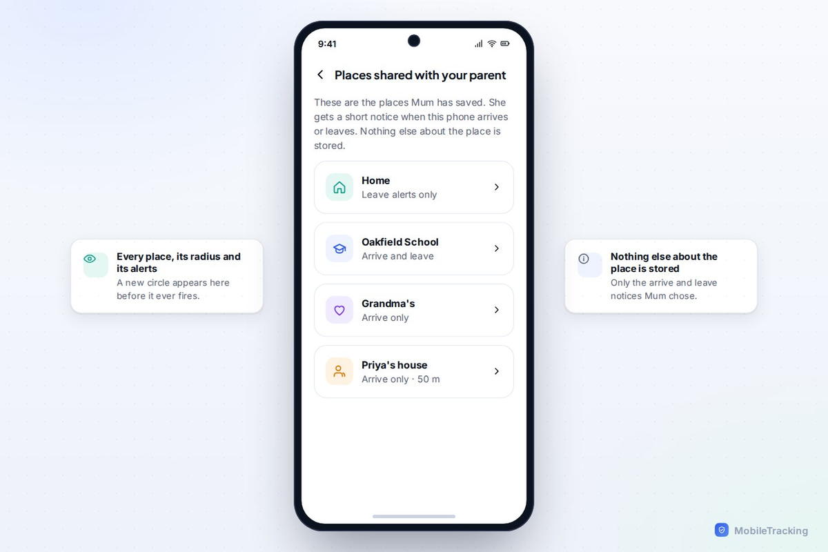 Child phone listing saved places and their arrive and leave alerts