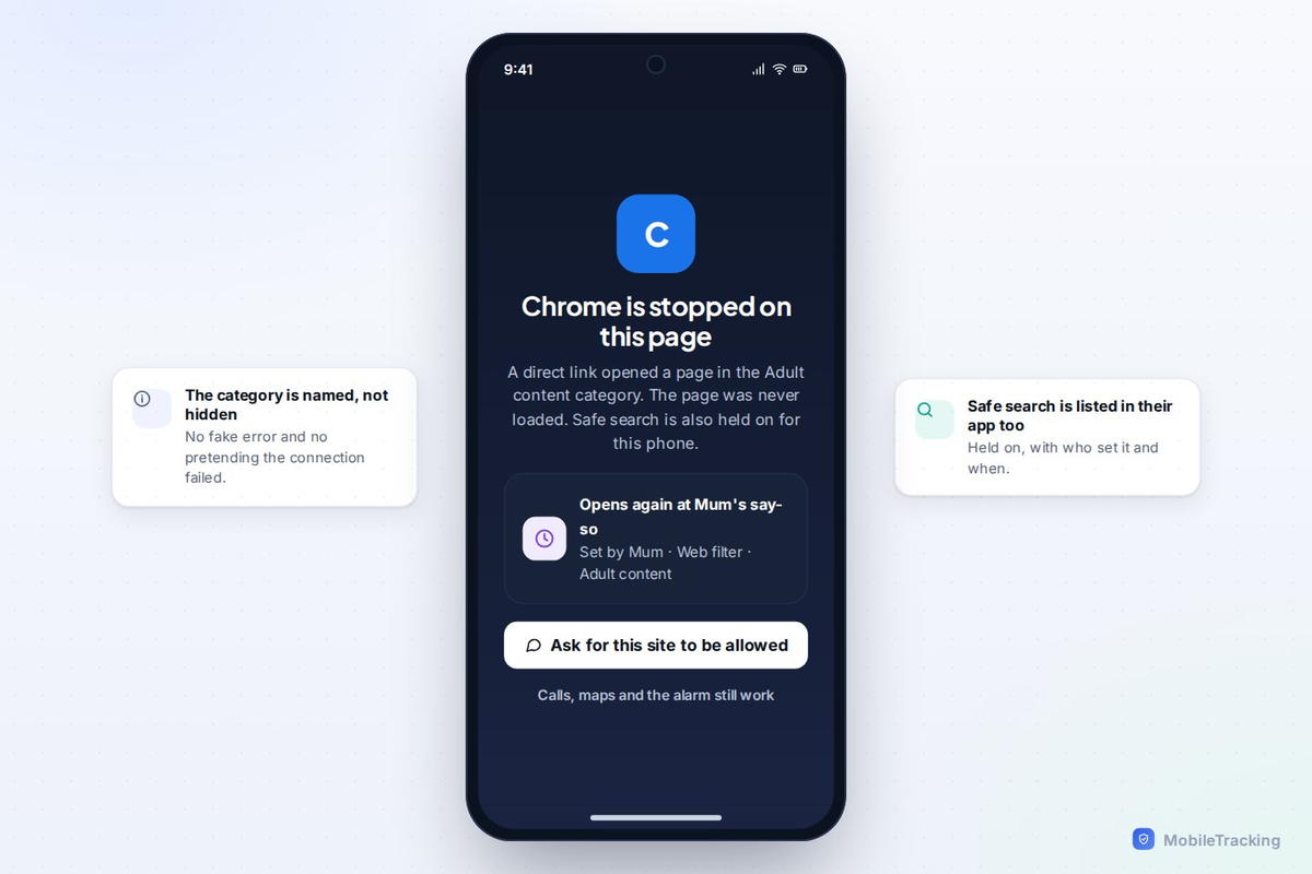 Child phone showing a blocked page notice after a direct link bypassed the safe search setting