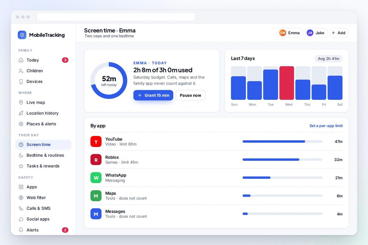 Per-app caps configured alongside the daily screen time budget