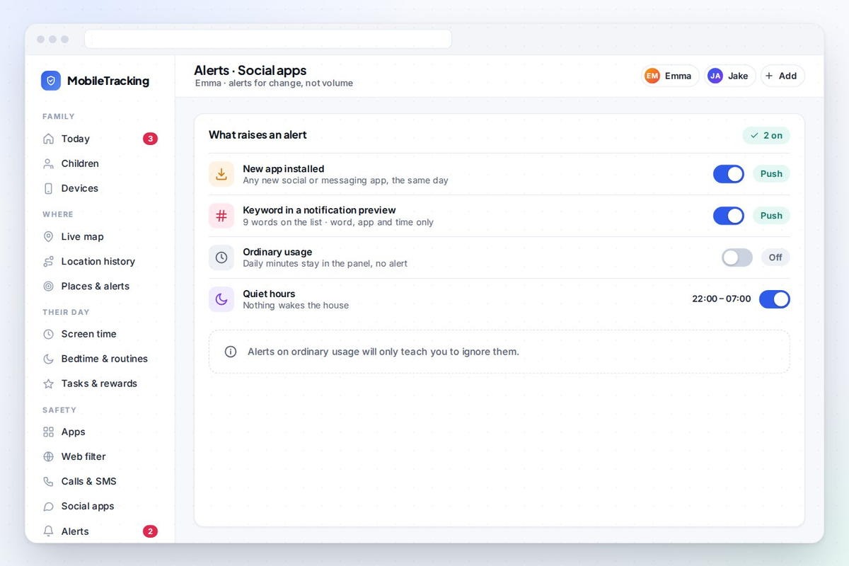 Alert settings for new app installs and a short keyword list on notification previews
