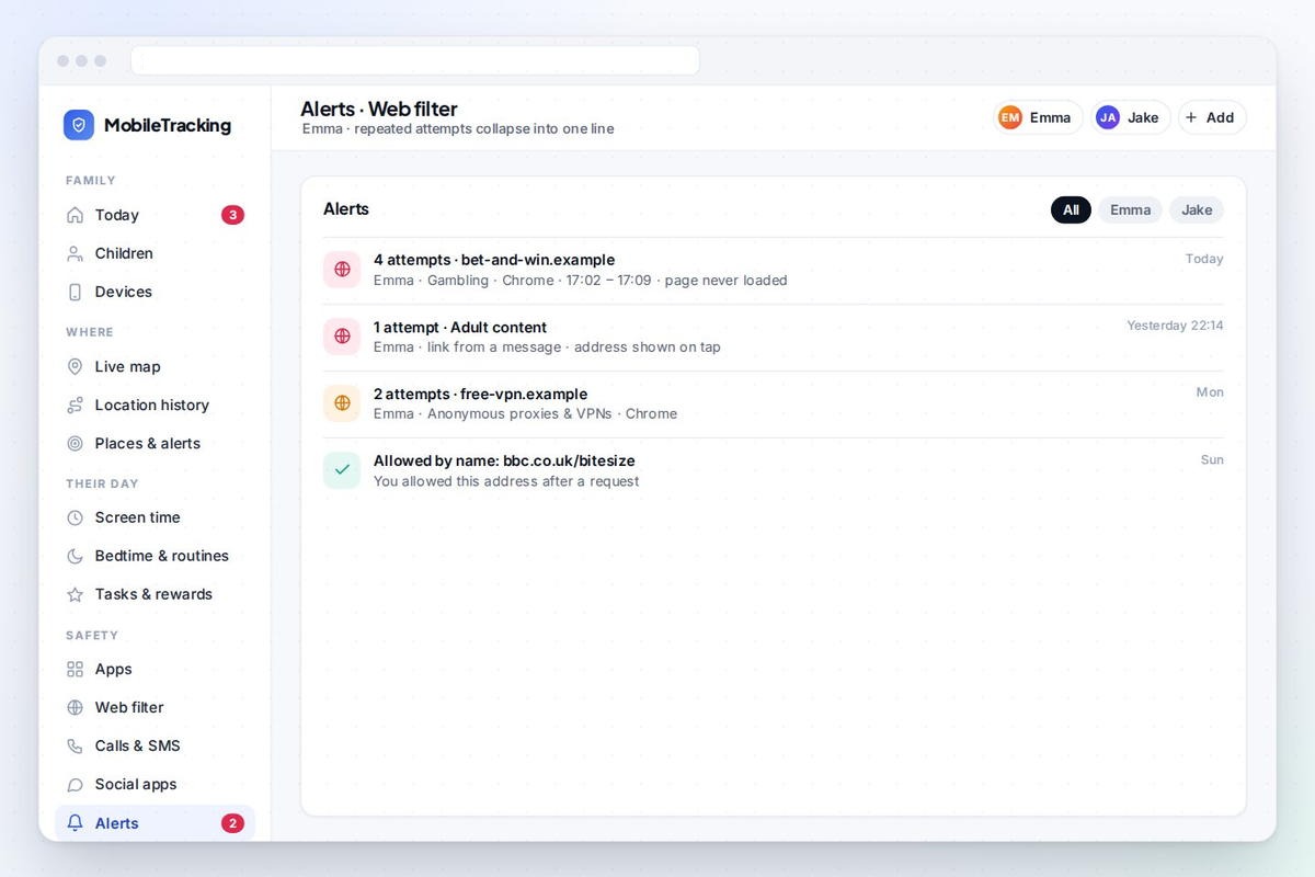 Grouped alerts showing repeated blocked attempts collapsed into one line