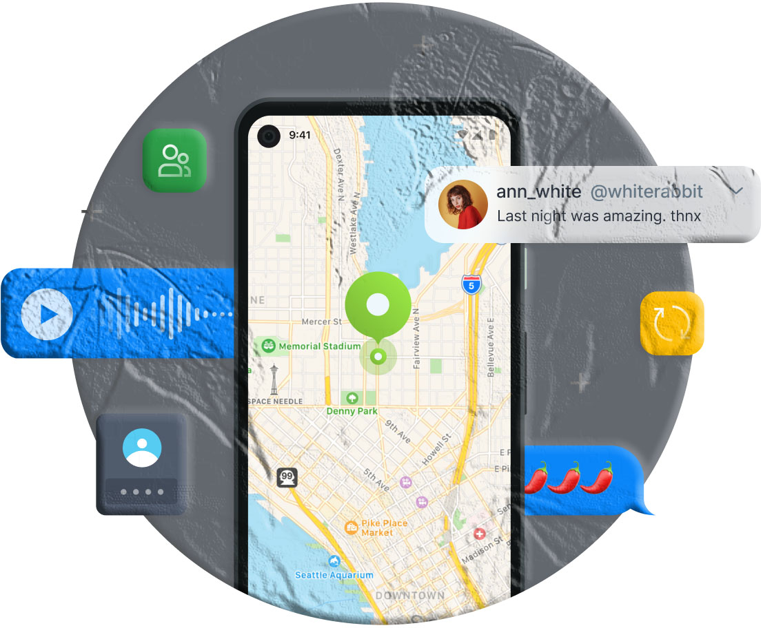 Family tracking app map showing multiple GPS location pins for family members including child location and geofenced zones