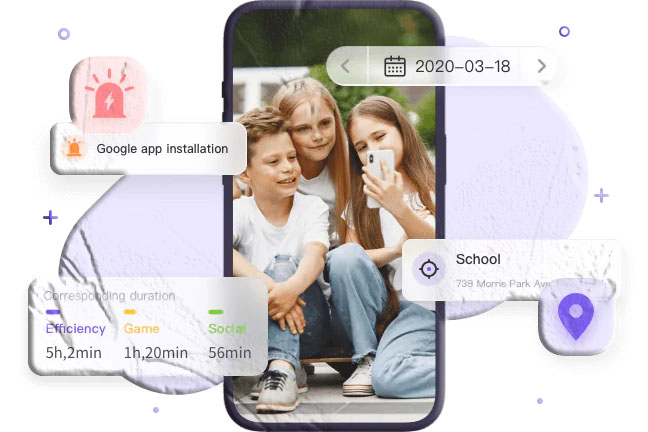 MobileTracking screen time dashboard showing daily app usage breakdown and time limit controls on Android parental control app