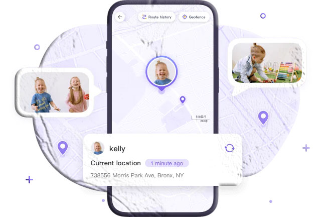 Parent tracking child's phone location on smartphone using parental control app, showing map view at home